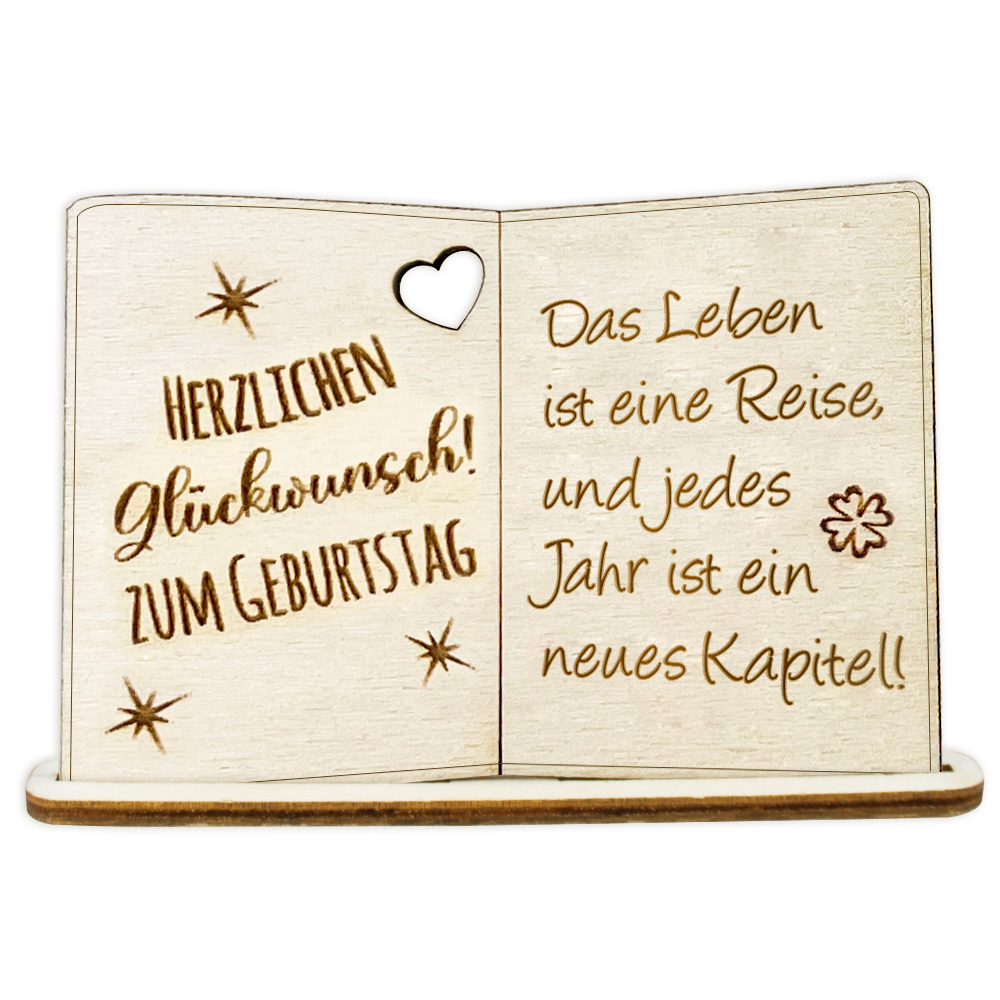 Geburtstagskarte Holz mit Standfuß & Geburtstagswunsch: Das Leben ist eine Reise, und jedes Jahr ist ein  neues Kapitel! von Happygoods GmbH