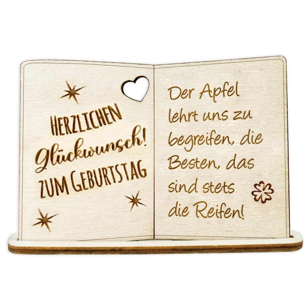 Geburtstagskarte Holz mit Standfuß & Geburtstagswunsch: Der Apfel lehrt uns zu begreifen, die Besten, das sind stets die Reifen! von Happygoods GmbH
