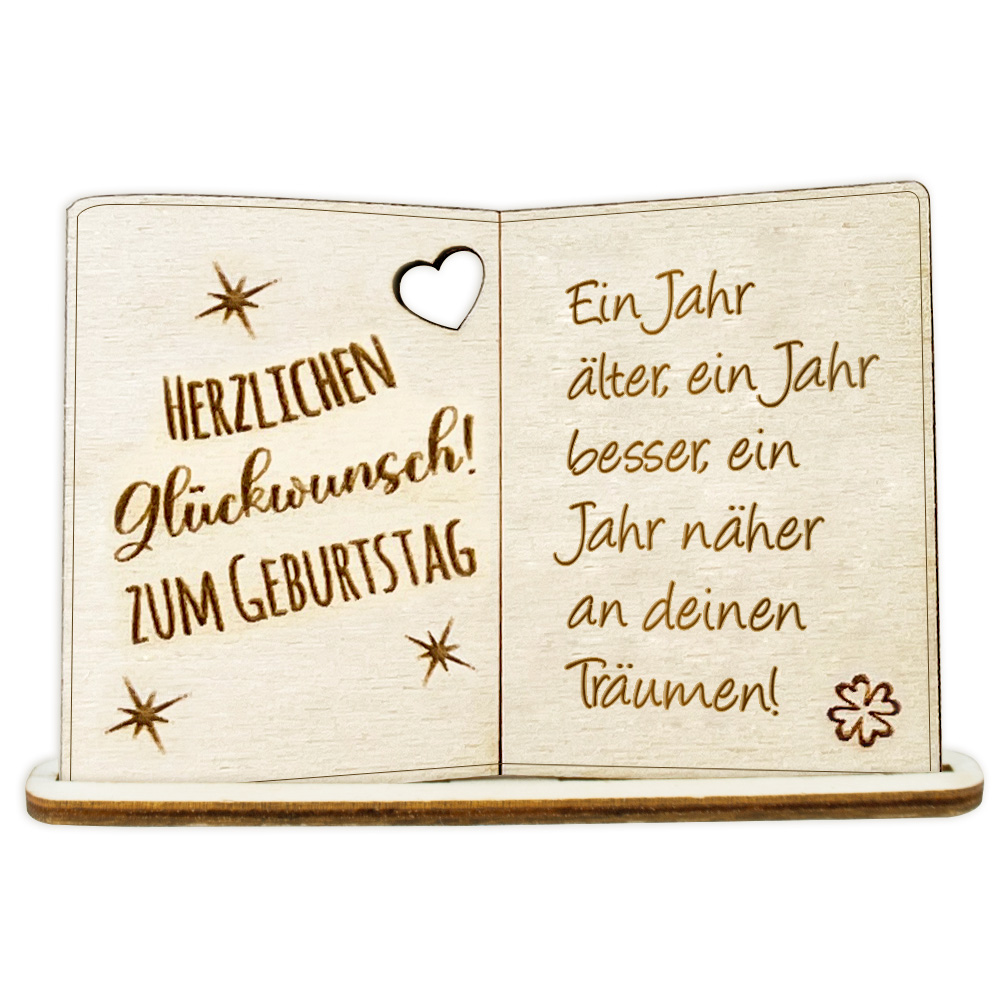 Geburtstagskarte Holz mit Standfuß & Geburtstagswunsch: Ein Jahr älter, ein Jahr besser, ein Jahr näher an deinen Träumen! von Happygoods GmbH