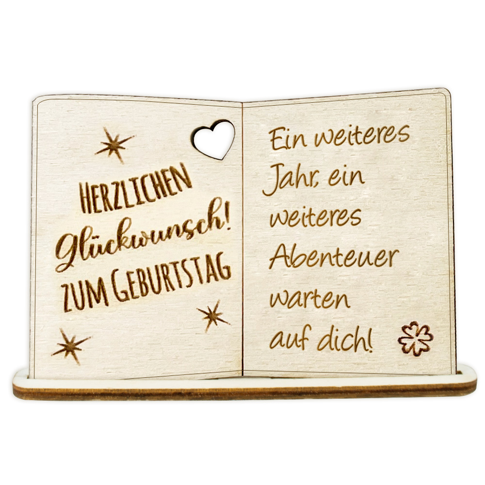 Geburtstagskarte Holz mit Standfuß & Geburtstagswunsch: Ein weiteres Jahr, ein weiteres Abenteuer warten auf dich! von Happygoods GmbH