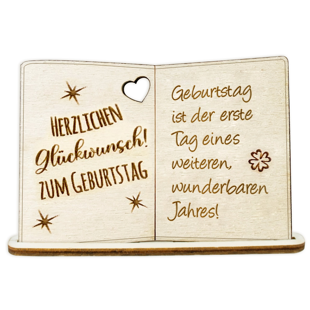 Geburtstagskarte Holz mit Standfuß & Geburtstagswunsch: Geburtstag ist der erste Tag eines weiteren, wunderbaren Jahres! von Happygoods GmbH