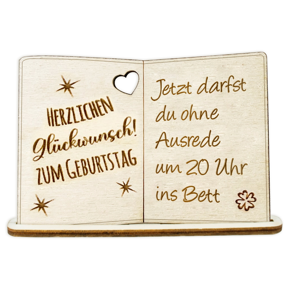 Geburtstagskarte Holz mit Standfuß & Geburtstagswunsch: Jetzt darfst du ohne Ausrede um 20 Uhr ins Bett von Happygoods GmbH
