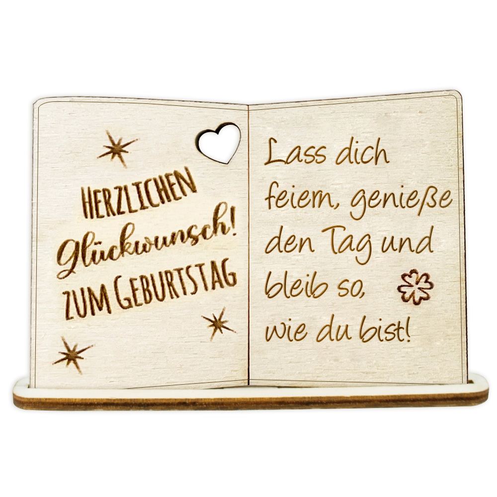 Geburtstagskarte Holz mit Standfuß & Geburtstagswunsch: Lass dich feiern, genieße den Tag und bleib so, wie du bist! von Happygoods GmbH