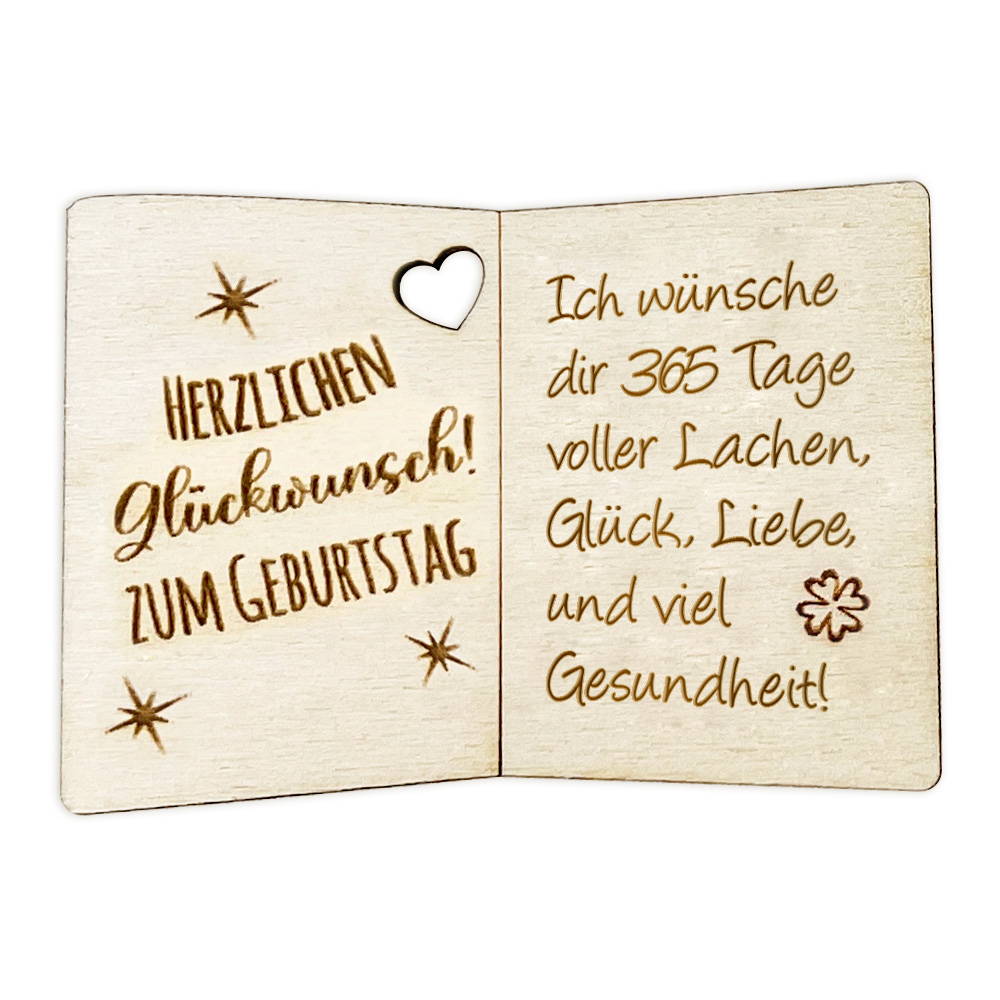 Ich wünsche dir 365 Tage voller Lachen, Glück, Liebe und viel Gesundheit! - Geburtstagskarte Holz als Anhänger für Geschenke u. Blumendeko von Happygoods GmbH