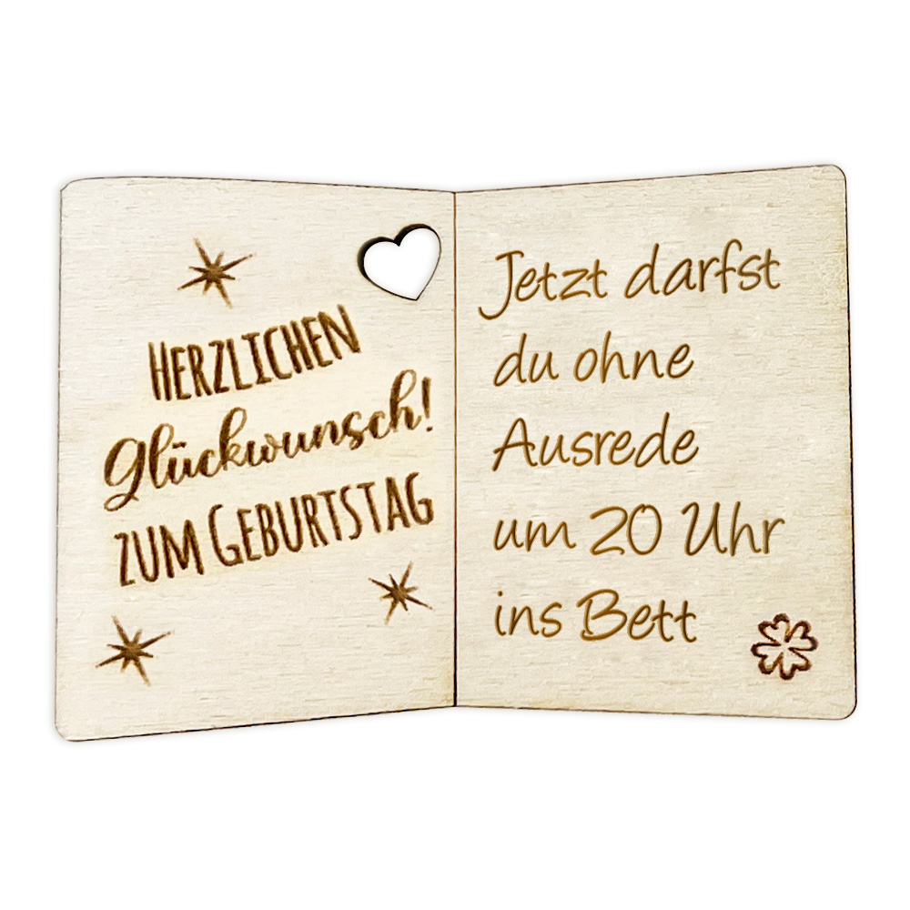 Jetzt darfst du ohne Ausrede um 20 Uhr ins Bett - Geburtstagskarte Holz als Anhänger für Geschenke u. Blumendeko von Happygoods GmbH