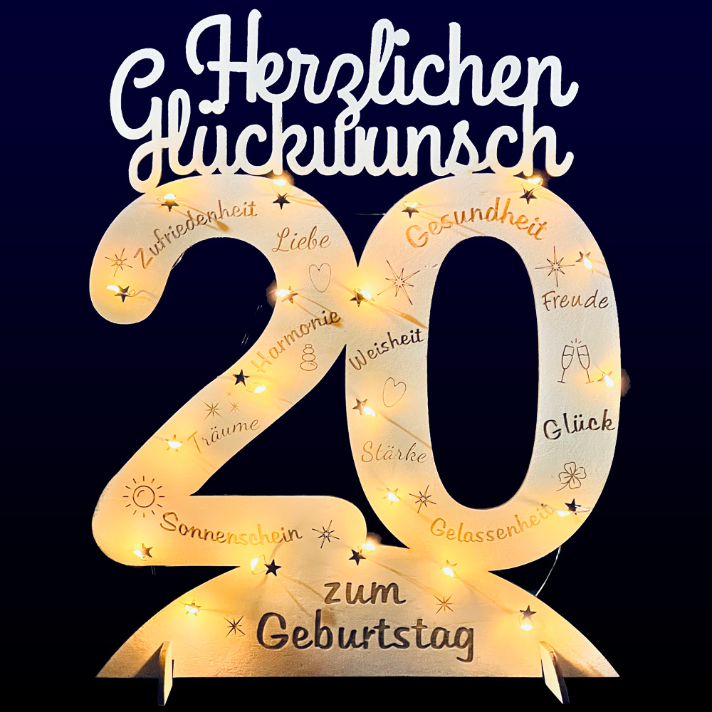 Leuchtender Aufsteller aus Holz zum 20. Geburtstag, mit 20 LEDs und gravierten Glückwünschen von Happygoods GmbH