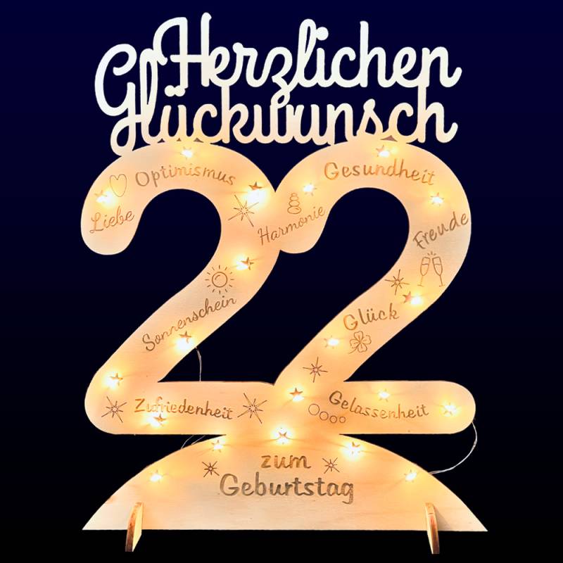 Leuchtender Aufsteller aus Holz zum 22. Geburtstag, mit 20 LEDs und gravierten Glückwünschen von Happygoods GmbH