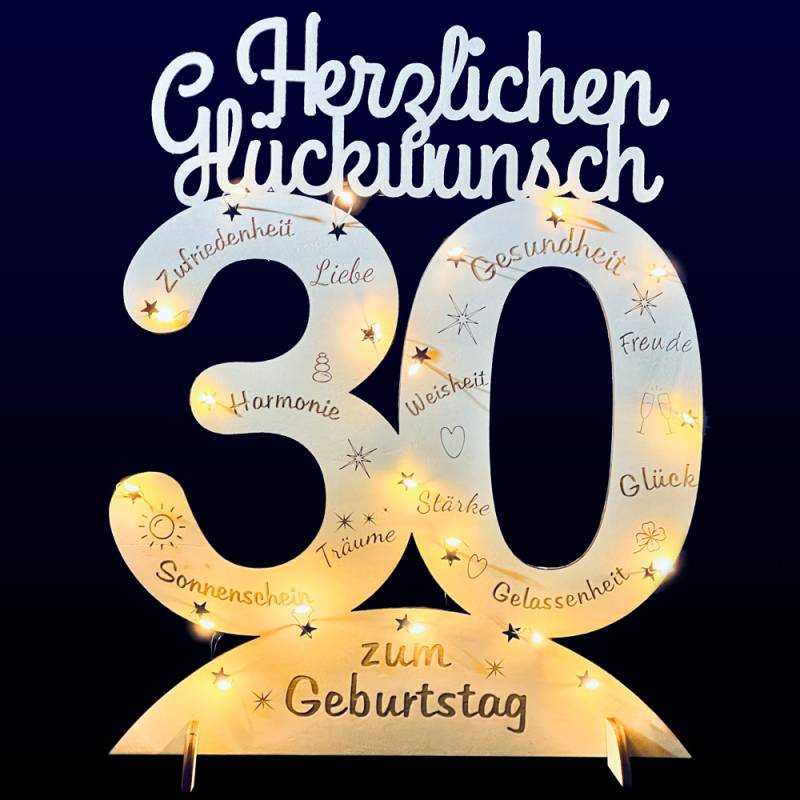 Leuchtender Aufsteller aus Holz zum 30. Geburtstag, mit 20 LEDs und gravierten Glückwünschen von Happygoods GmbH