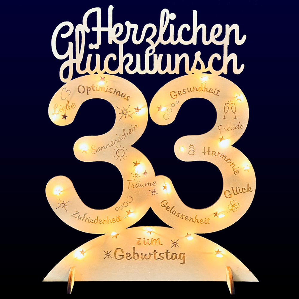 Leuchtender Aufsteller aus Holz zum 33. Geburtstag, mit 20 LEDs und gravierten Glückwünschen von Happygoods GmbH