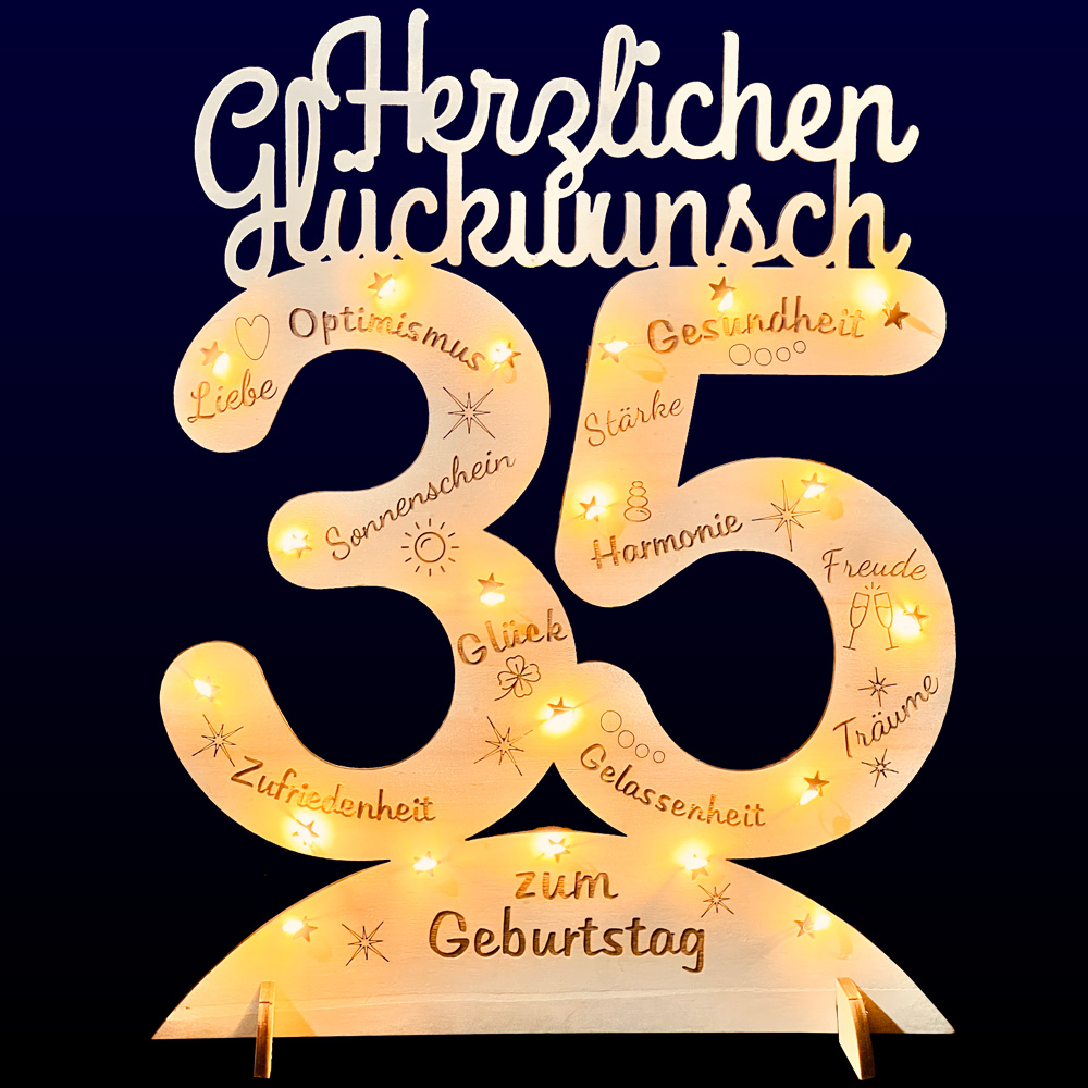 Leuchtender Aufsteller aus Holz zum 35. Geburtstag, mit 20 LEDs und gravierten Glückwünschen von Happygoods GmbH