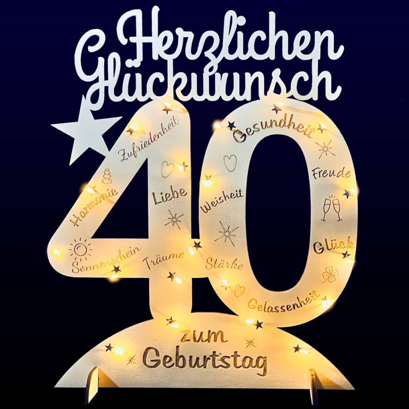 Leuchtender Aufsteller aus Holz zum 40. Geburtstag, mit 20 LEDs und gravierten Glückwünschen von Happygoods GmbH