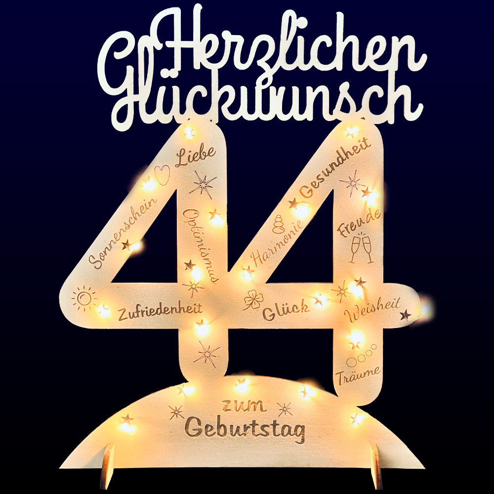 Leuchtender Aufsteller aus Holz zum 44. Geburtstag, mit 20 LEDs und gravierten Glückwünschen von Happygoods GmbH