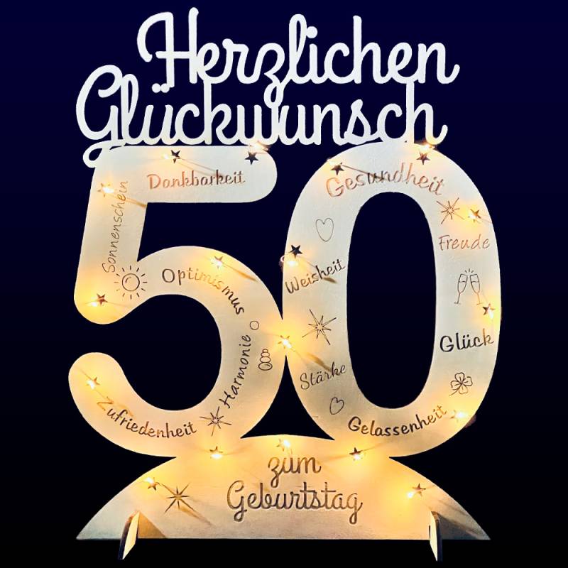 Leuchtender Aufsteller aus Holz zum 50. Geburtstag, mit 20 LEDs und gravierten Glückwünschen von Happygoods GmbH