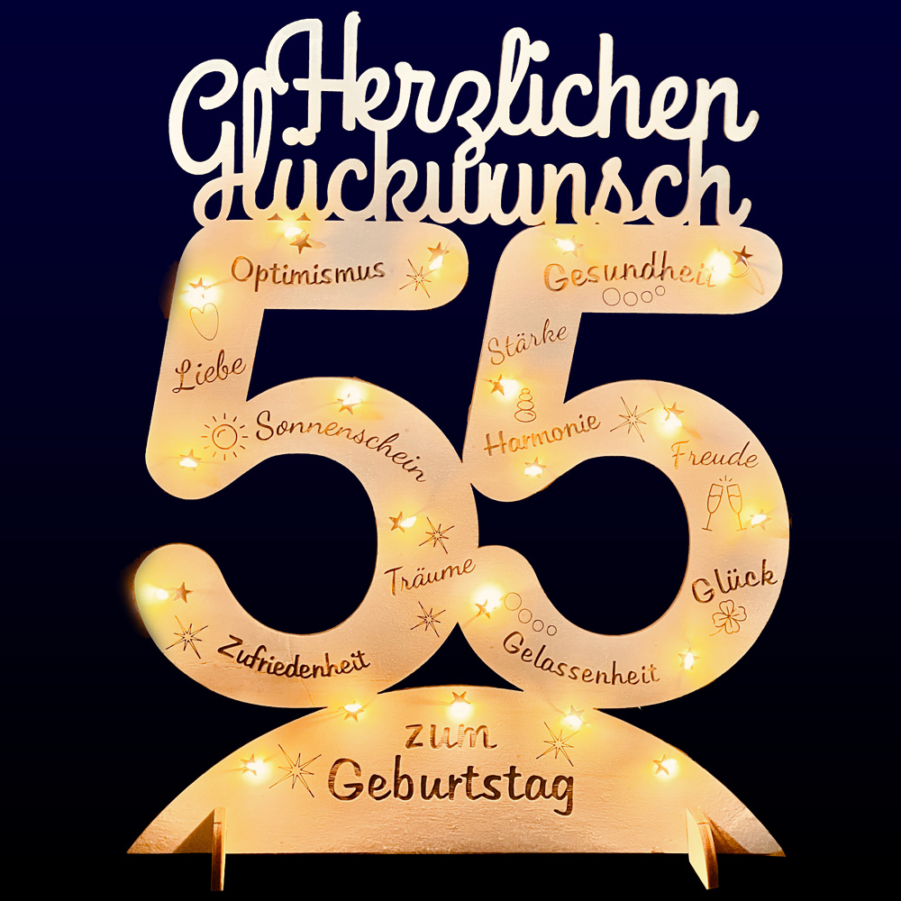 Leuchtender Aufsteller aus Holz zum 55. Geburtstag, mit 20 LEDs und gravierten Glückwünschen von Happygoods GmbH