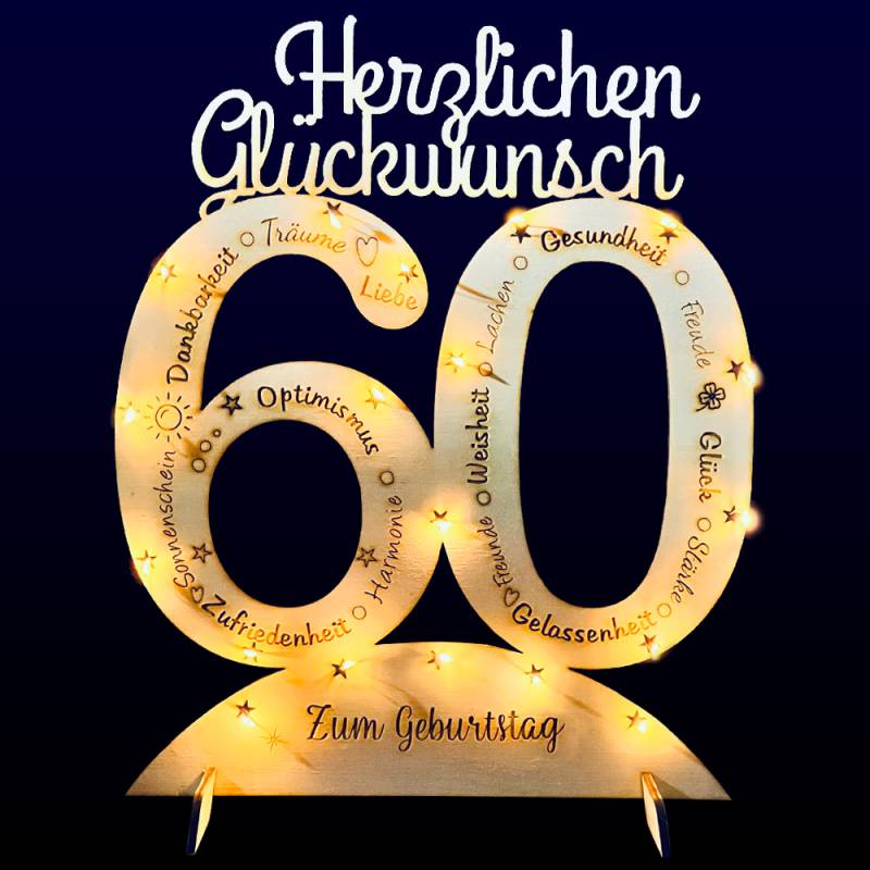 Leuchtender Aufsteller aus Holz zum 60. Geburtstag, mit 20 LEDs und gravierten Glückwünschen von Happygoods GmbH