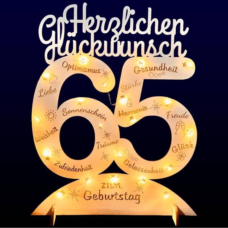 Leuchtender Aufsteller aus Holz zum 65. Geburtstag, mit 20 LEDs und gravierten Glückwünschen von Happygoods GmbH