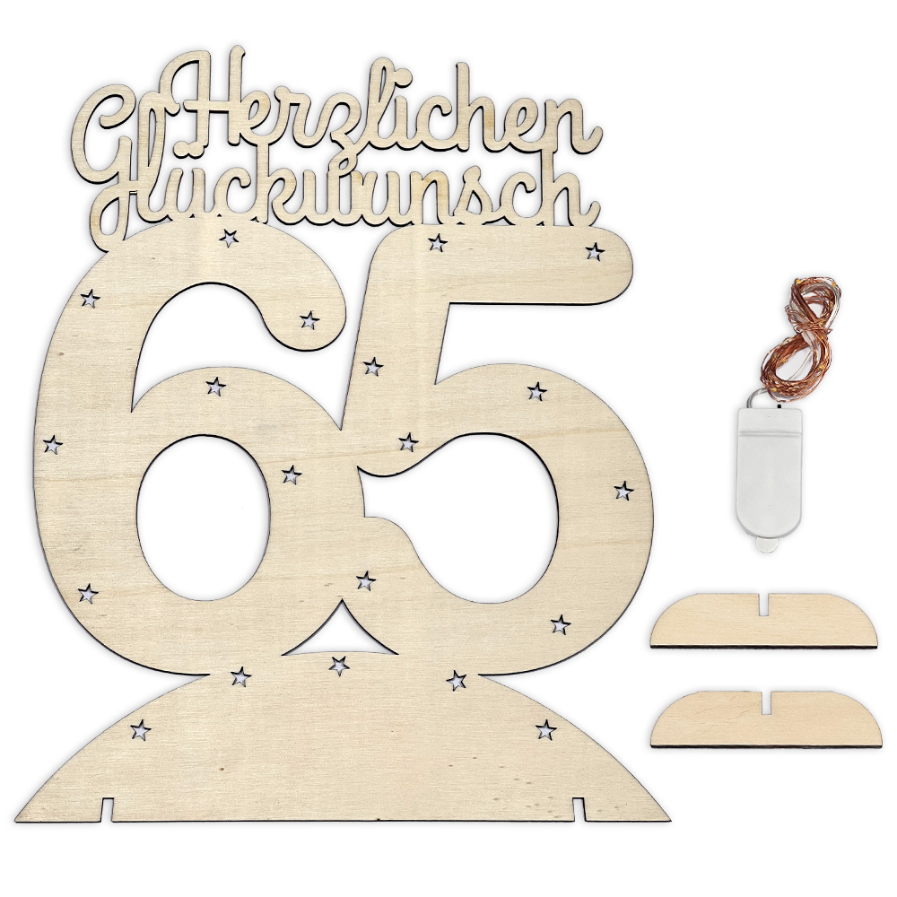 Leuchtender Aufsteller aus Holz zum 65. Geburtstag, mit 20 LEDs von Happygoods GmbH