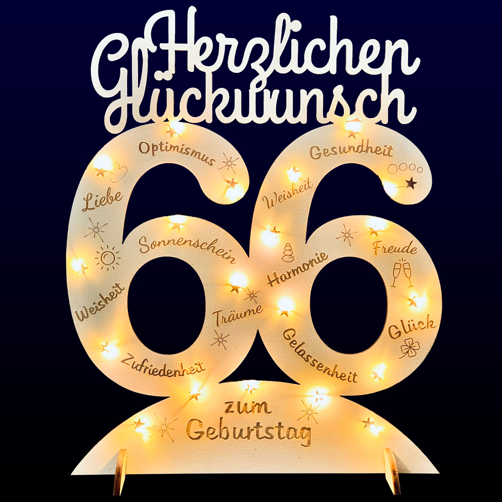 Leuchtender Aufsteller aus Holz zum 66. Geburtstag, mit 20 LEDs und gravierten Glückwünschen von Happygoods GmbH