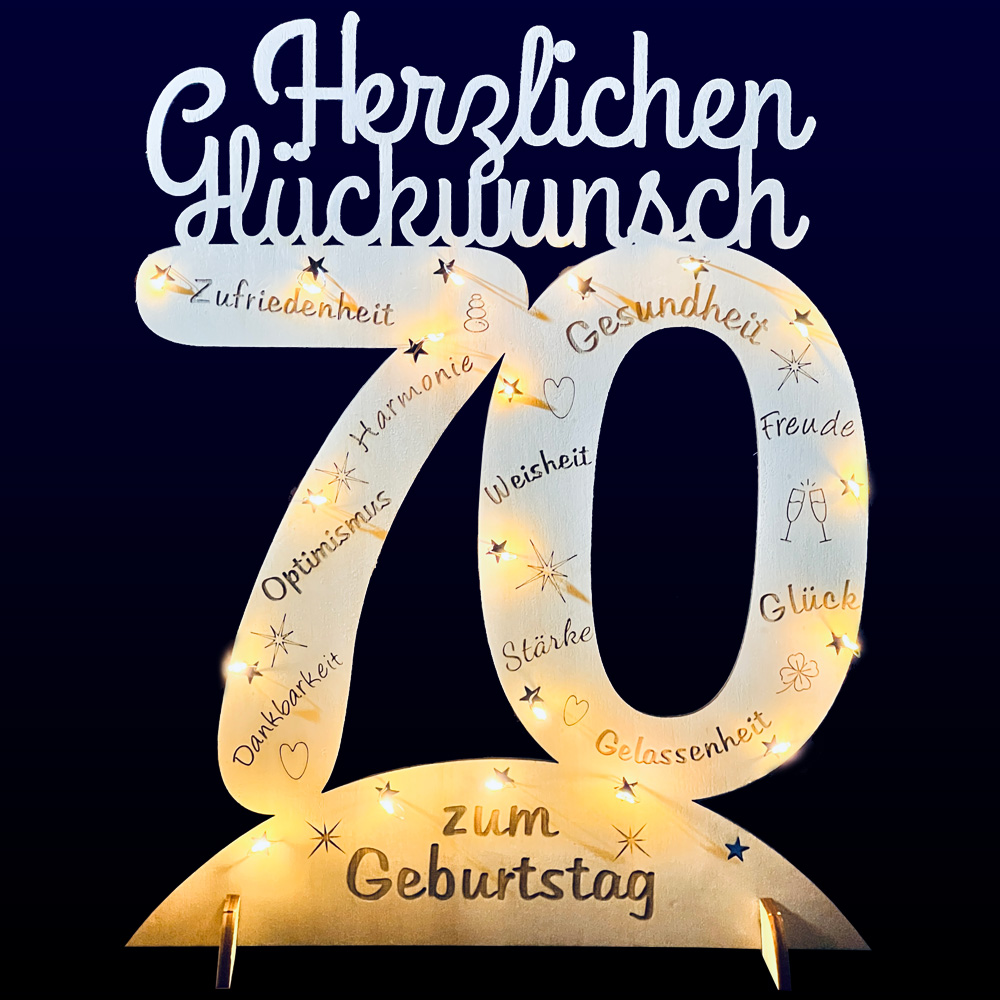 Leuchtender Aufsteller aus Holz zum 70. Geburtstag, mit 20 LEDs und gravierten Glückwünschen von Happygoods GmbH