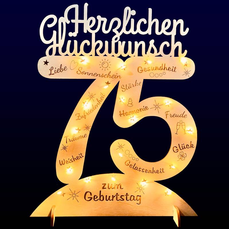 Leuchtender Aufsteller aus Holz zum 75. Geburtstag, mit 20 LEDs und gravierten Glückwünschen von Happygoods GmbH