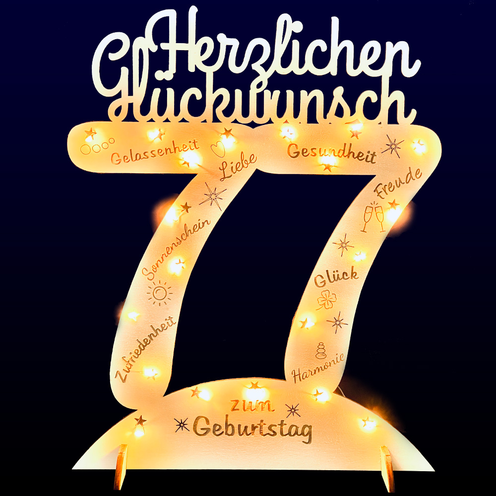 Leuchtender Aufsteller aus Holz zum 77. Geburtstag, mit 20 LEDs und gravierten Glückwünschen von Happygoods GmbH