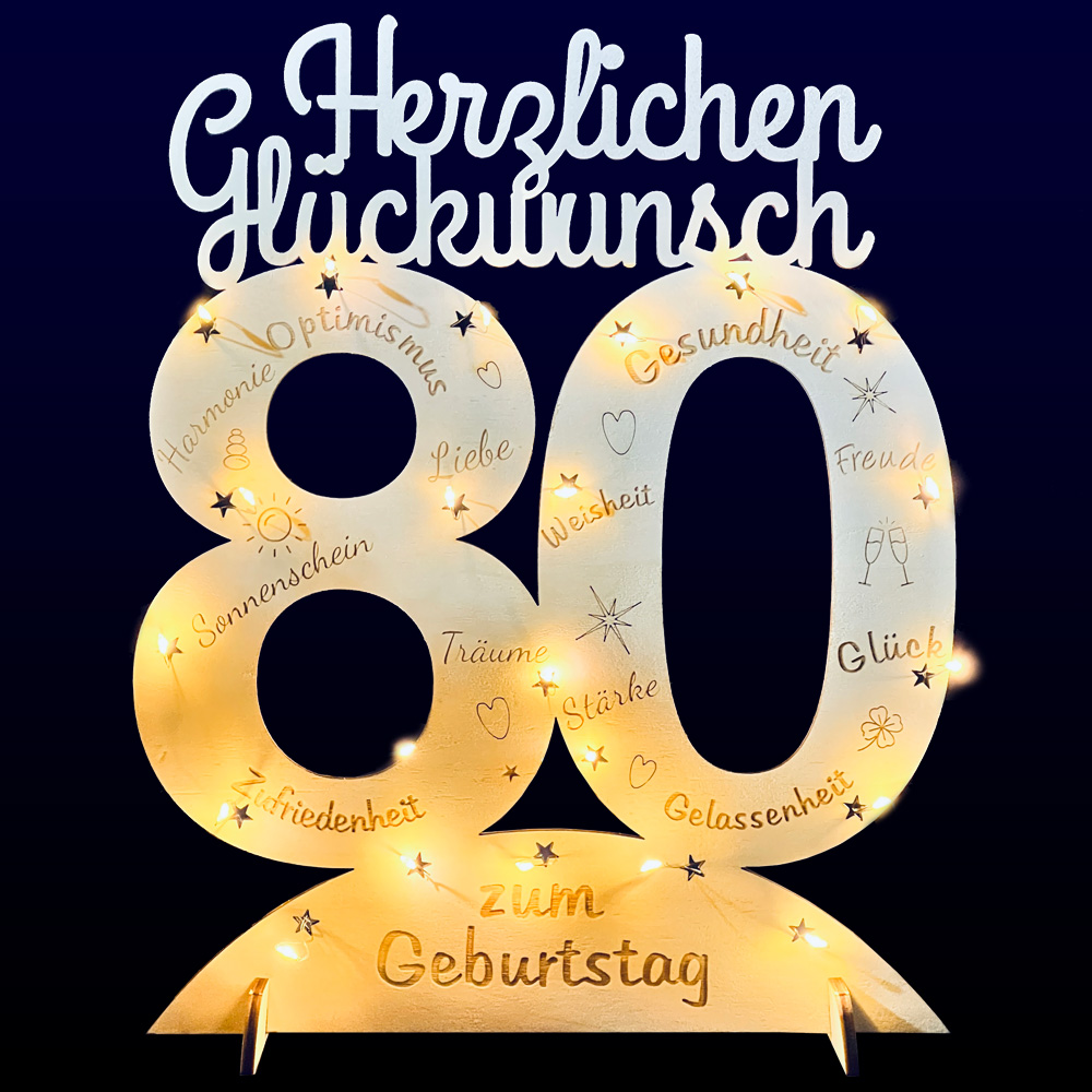 Leuchtender Aufsteller aus Holz zum 80. Geburtstag, mit 20 LEDs und gravierten Glückwünschen von Happygoods GmbH