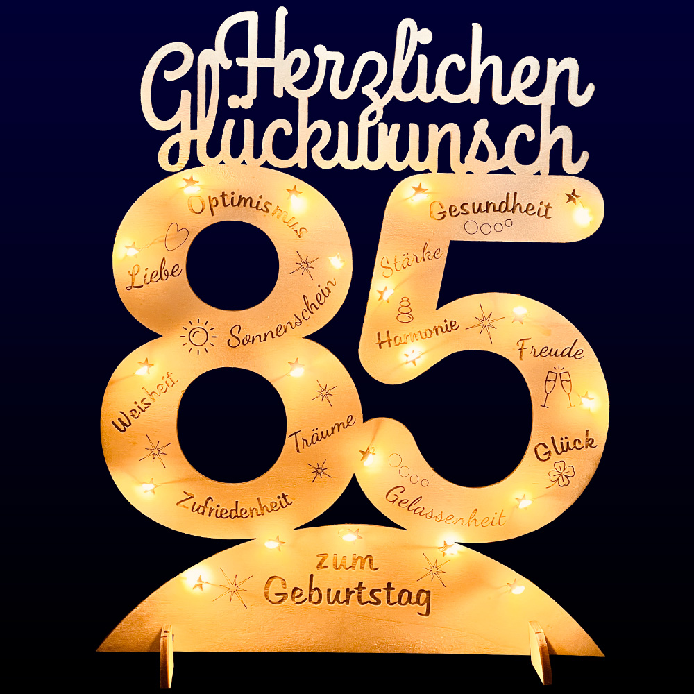 Leuchtender Aufsteller aus Holz zum 85. Geburtstag, mit 20 LEDs und gravierten Glückwünschen von Happygoods GmbH