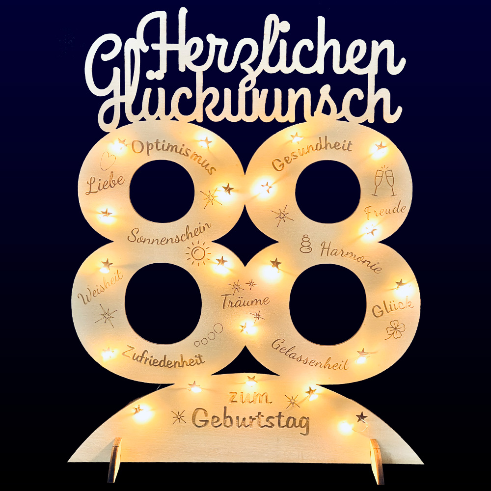 Leuchtender Aufsteller aus Holz zum 88. Geburtstag, mit 20 LEDs und gravierten Glückwünschen von Happygoods GmbH