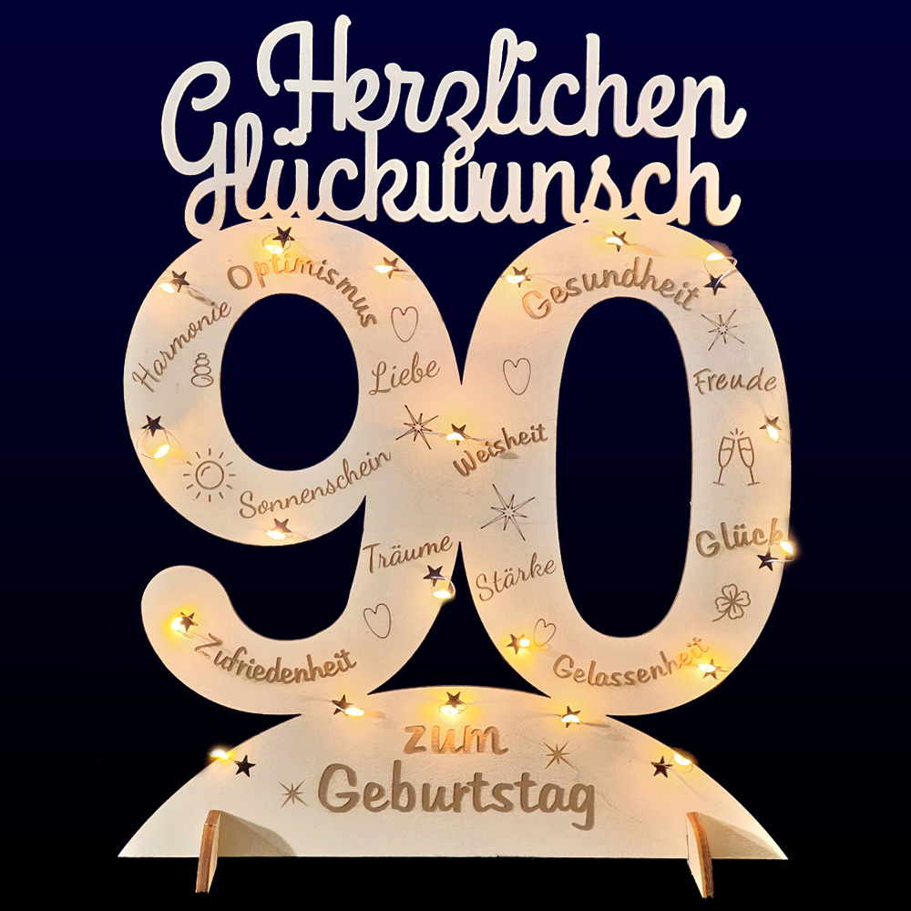 Leuchtender Aufsteller aus Holz zum 90. Geburtstag, mit 20 LEDs und gravierten Glückwünschen von Happygoods GmbH