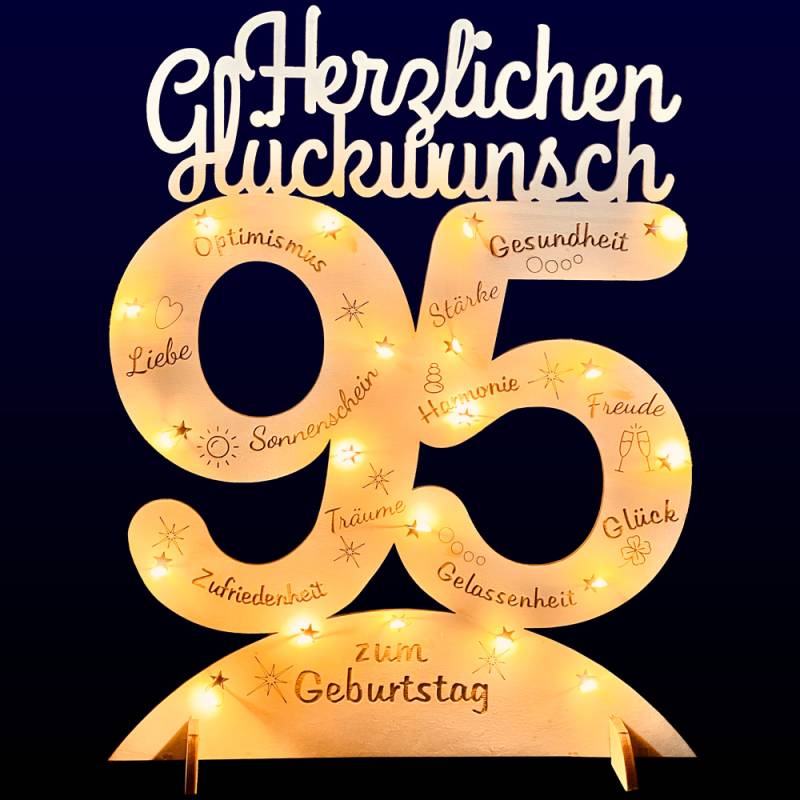 Leuchtender Aufsteller aus Holz zum 95. Geburtstag, mit 20 LEDs und gravierten Glückwünschen von Happygoods GmbH