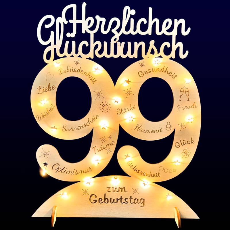 Leuchtender Aufsteller aus Holz zum 99. Geburtstag, mit 20 LEDs und gravierten Glückwünschen von Happygoods GmbH