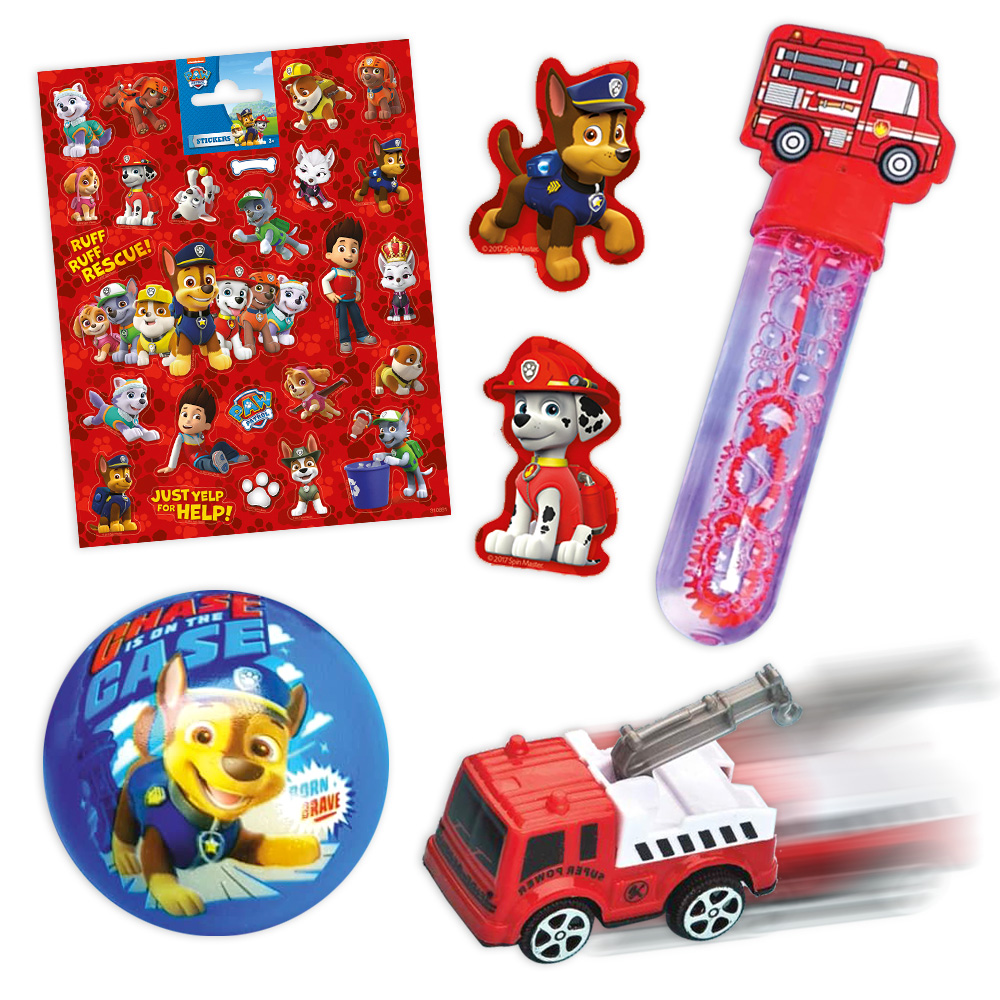 Paw Patrol Geschenkeset für 1 Kind, Sticker, Softball, Seifenblasen und Feuerwehrauto, 4-teilig von Happygoods GmbH