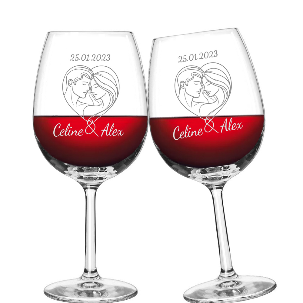 Personalisiertes graviertes Rotwein-Glas Valentinstag Pärchen-Herz, Namen & Jahrestag, als Valentins-Geschenk für Paare von Happygoods GmbH