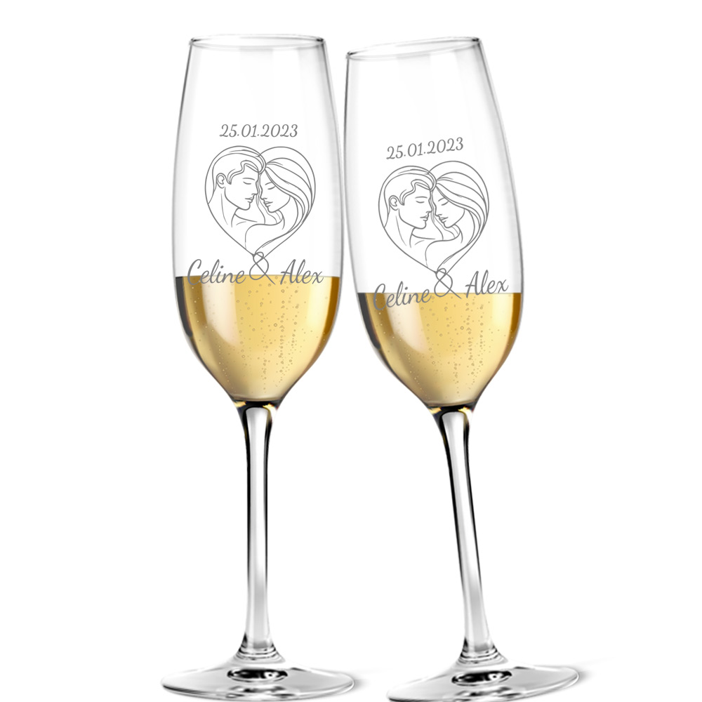 Personalisiertes graviertes Sektglas Valentinstag Pärchen-Herz, Namen & Jahrestag, als Valentins-Geschenk für Paare von Happygoods GmbH