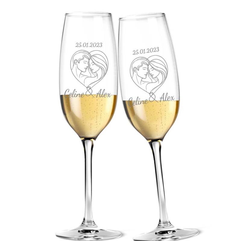 Personalisiertes graviertes Sektglas Valentinstag Pärchen-Herz, Namen & Jahrestag, als Valentins-Geschenk für Paare von Happygoods GmbH