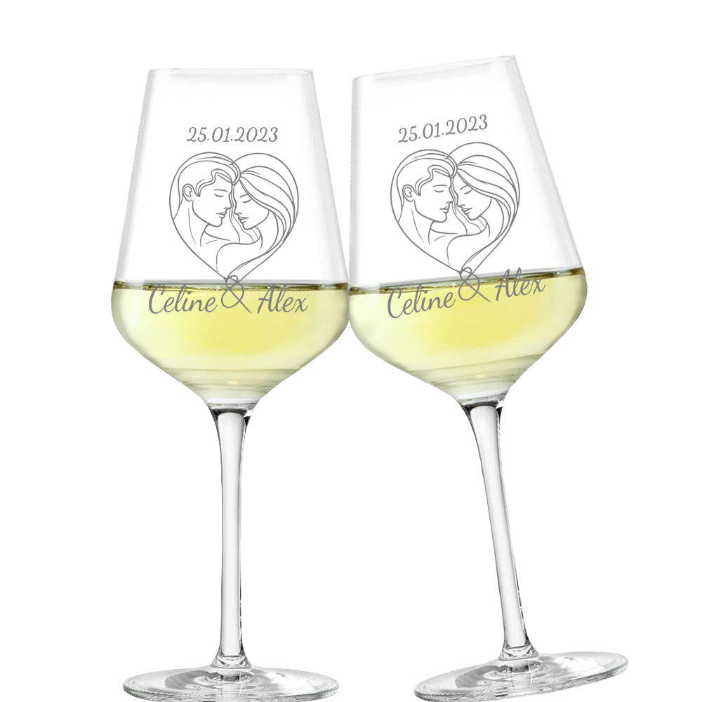 Personalisiertes graviertes Weißwein-Glas Valentinstag Pärchen-Herz, Namen & Jahrestag, als Valentins-Geschenk für Paare von Happygoods GmbH