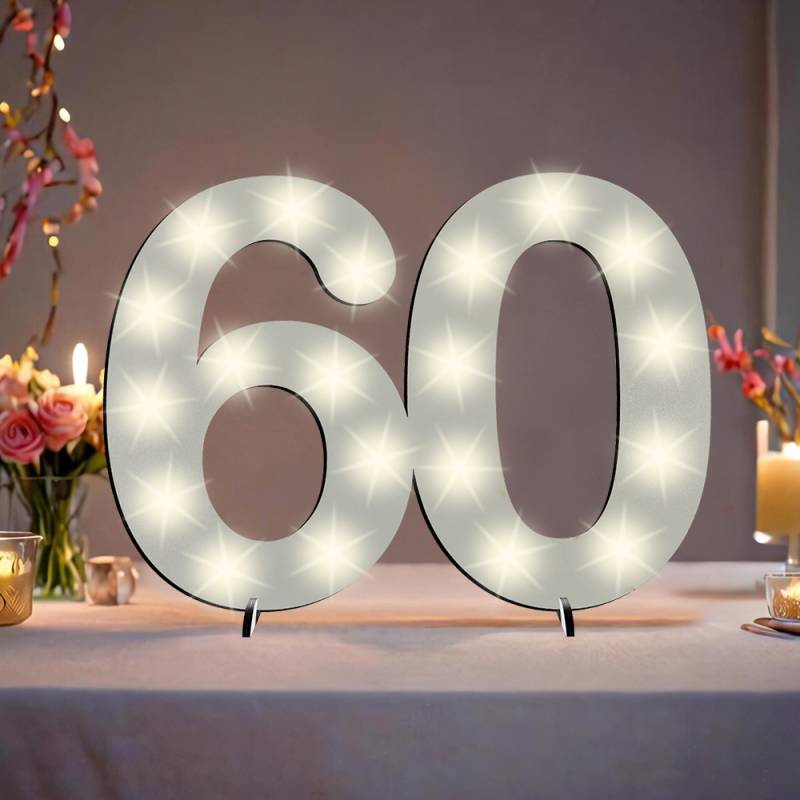 XXL Zahl weiß zum 60. Geburtstag, mit 40 LEDs, ca. 70cm x 50cm von Happygoods GmbH