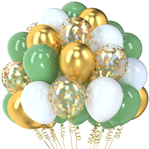 Grüne ballons 12 Zoll Grün Salbei Weiß Metallic Gold Latex Konfetti Luftballons für Baby Shower Dschungel Salbei Grün Geburtstag Party Dekorationen 55 Stück von Haptda