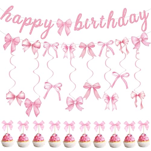 Rosa Schleife Banner Hängende Wirbel mit Schleife Cupcake Toppers Happy Birthday Girlande für Baby Shower Mädchen Rosa Schleife Zimmer Dekor Kokette Geburtstag Party Dekorationen von Haptda