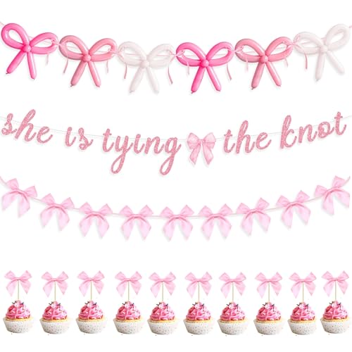 She's Tying the Knot Pink Bow Banner, Bow Cupcake Toppers, Long Balloon Bow Garland for Baby Shower Decor Girls Room Pink Bow Coquette Birthday Party Decorations von Haptda