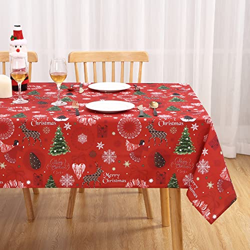 Hapterouse Tischdecke Abwaschbar Rote Tischdecke Weihnachten Rechteckige Weihnachtstischdecken Weihnachtshirsch Dekorationen Wasserfeste Tischdecke für Home Restaurant Party,132x275cm/52x108 Zoll von Hapterouse