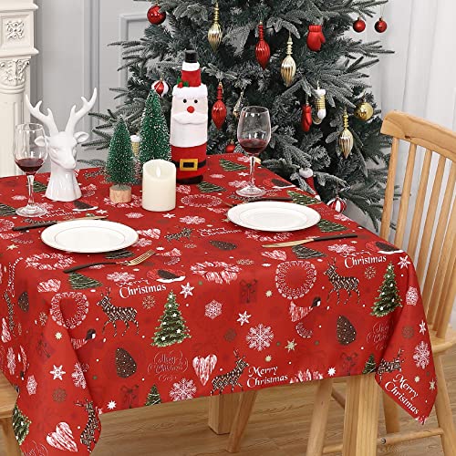 Hapterouse Tischdecke Rote Weihnachtstischdecken Tischdecke Abwaschbar Quadratische Tischdecke Weihnachten Wasserfeste Tischdecke für Weihnachtsfeiern Urlaub Winter Heimdekoration,132x132cm von Hapterouse