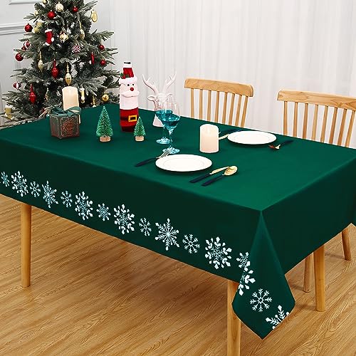 Hapterouse Tischdecke Weihnachten Abwaschbare Tischdecken Wasserabweisend Tischtuch Grün Rechteckig Knitterfrei Tischwäsche mit Schneeflocken Weinachtsdekorationen für Küche Esszimmer, 137 x 274cm von Hapterouse