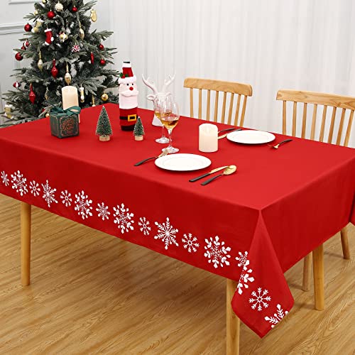 Hapterouse Tischdecke Weihnachten Abwaschbare Tischdecken Wasserabweisend Tischtuch Rot Rechteckig Knitterfrei Tischwäsche mit Schneeflocken Weinachtsdekorationen für Küche Esszimmer 137x200cm von Hapterouse