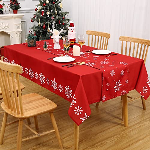 Hapterouse Tischdecke Weihnachten und Tischläufer Weihnachten Set Wasserdicht Faltenfreie Tischdecke mit Schneeflocken Muster Rechteck Tischdecke für Party Küche 137 x 178cm 33 x 178cm Rot von Hapterouse