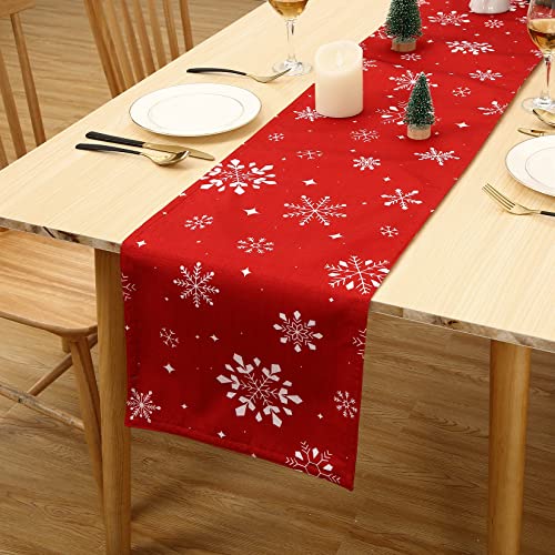 Hapterouse Tischläufer Weihnachten Beidseitig Bedruckte Moderne Tischläufer mit Schneeflocken Abwaschbare Tischdecken Wasserabweisend Tischtuch für Festlich Tischdekoration 33 x 178cm Rot von Hapterouse