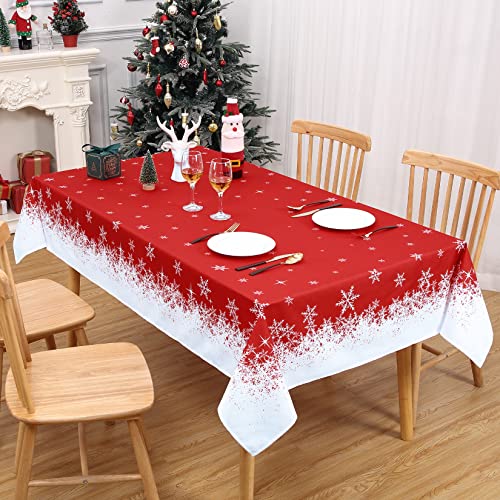 Hapterouse Weihnachten Tischdecke mit Schneeflocke Druck Polyester Tischdecke für Weihnachten Dekoration Abwaschbar Tischtuch Pflegeleicht Knitterfrei Tischdecke, Rot,Rechteckig 137x274cm von Hapterouse