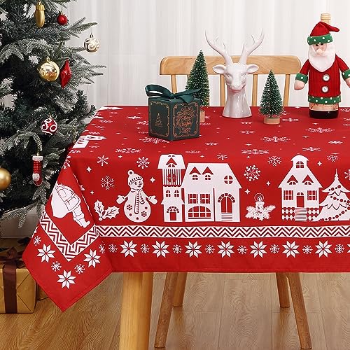 Hapterouse Weihnachtstischdecke Rot Tischdecken Abwaschbar 137 x 274cm Rechteckige wasserdichte Tischtuch aus Polyester mit Klassische Weihnachtsmuster für Party Winterurlaub Weihnachtsdekoration von Hapterouse