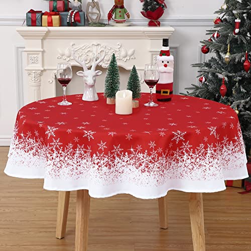 Rund Tischdecke Weihnachten Dekoration für Esszimmer Schneeflocke Tischtuch Wasserabweisend Tischwäsche abwischbar Tischdecke abwaschbare Tischedeke für Küche,Rot Rund,152cm von Hapterouse