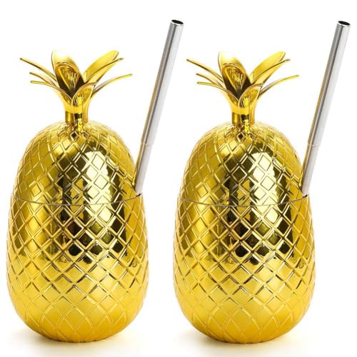 Haptufer 2er-Pack Ananas-Getränkebecher, 450 Ml Goldener Ananasbecher mit Gedehntem Strohhalm, Hawaiianische Luau-Partybecher, Einfach zu Verwenden von Haptufer